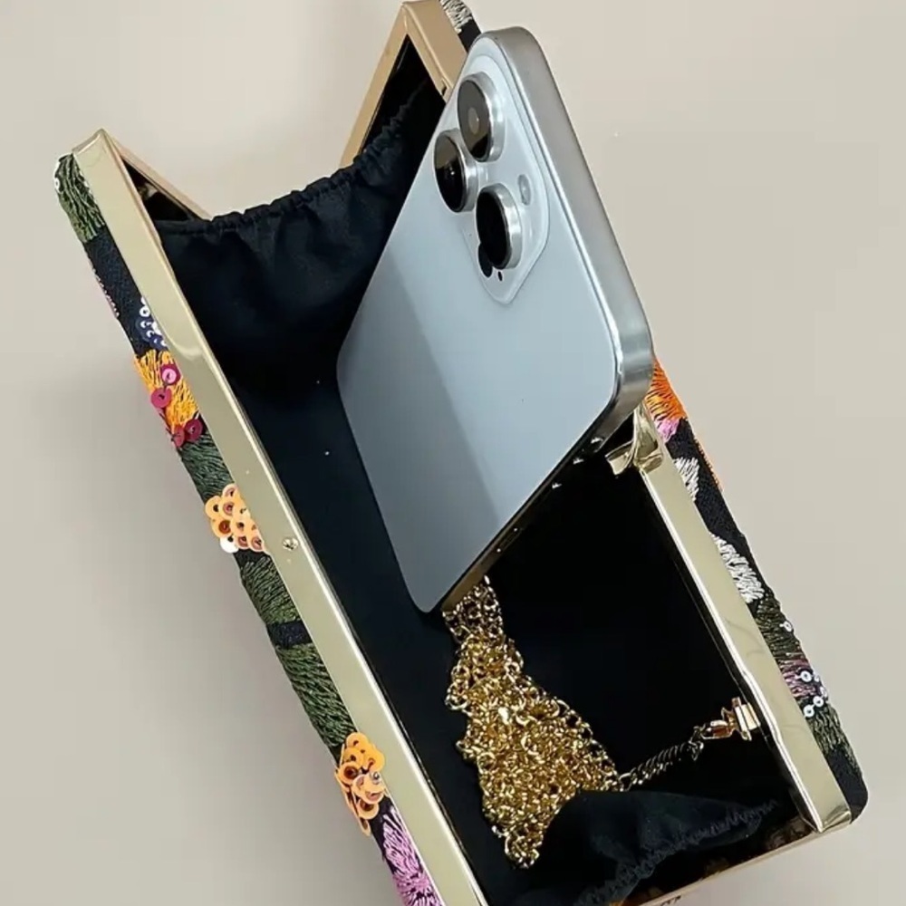 Floral Sequin Clutch with Gold Chain - Picture 7 of 9